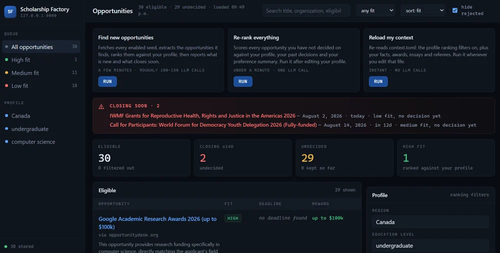 scholarship-factory opportunities view: fit-ranked queue, closing-soon warnings and a profile filter panel